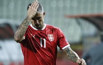 BELGRADE, SERBIA - SEPTEMBER 06: Aleksandar Kolarov of Serbia reacts after received red card during the UEFA Nations League group stage match between Serbia and Turkey at Rajko Mitic Stadium on September 6, 2020 in Belgrade, Serbia. (Photo by Srdjan Stevanovic/Getty Images)