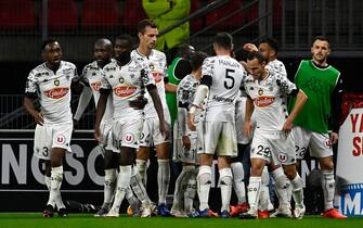 Angers' players celebrates after scoring a goal during the French L1 football match between Stade Rennais and Angers, at the Roazhon Park stadium in Rennes, northwestern France on October 23, 2020. (Photo by DAMIEN MEYER / AFP) (Photo by DAMIEN MEYER/AFP via Getty Images)