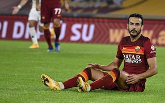 Roma's Pedro on the ground after a foul in BeneventoÕs box during the Serie A soccer match between AS Roma and Benevento at the Olimpico stadium in Rome, Italy, 18 October 2020. ANSA/RICCARDO ANTIMIANI
