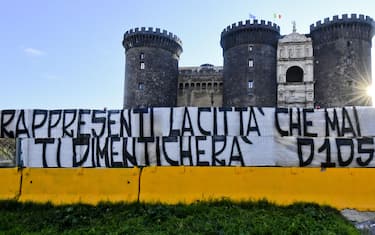 A banner reading ''You represent the city that will never forget you'' has been placed in front of the Maschio Angioino castle by Diego Armando Maradona's fans in Naples, Italy, 26 November 2020. Maradona died on 25 November after a heart attack.ANSA / CIRO FUSCO