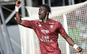 Metz' Senegalese forward Ibrahima Niane celebrates after scoring a goal during the French L1 football match between Metz (FCM) and Reims at the Saint-Symphorien Stadium in Longeville-les-Metz, eastern France, on September 20, 2020. (Photo by JEAN-CHRISTOPHE VERHAEGEN / AFP) (Photo by JEAN-CHRISTOPHE VERHAEGEN/AFP via Getty Images)