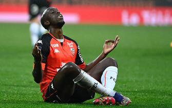 Lorients French forward Yoane Wissa celebrates after scoring a goal during the French L1 football match between FC Lorient and Nimes Olympique, at the Moustoir stadium in Lorient, northwestern France on December 13, 2020. (Photo by Damien Meyer / AFP) (Photo by DAMIEN MEYER/AFP via Getty Images)