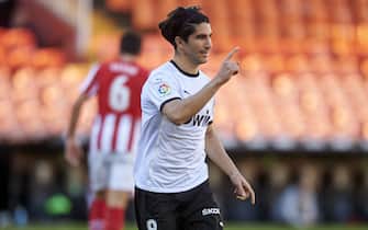Carlos Soler of Valencia CF celebrates after scoring the 1-0 during the La Liga match between Valencia CF v Athletic Club played at Mestalla Stadium on December 12, 2020 in Valencia, Spain. (Photo by PRESSINPHOTO)