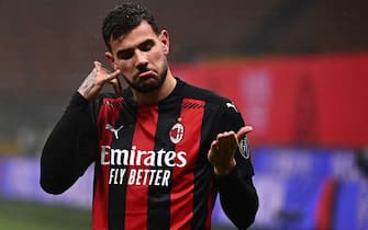 AC Milan's French defender Theo Hernandez celebrates after scoring during the Italian Serie A football match AC Milan vs Lazio Rome on December 23, 2020 at the San Siro stadium in Milan. (Photo by Marco BERTORELLO / AFP) (Photo by MARCO BERTORELLO/AFP via Getty Images)