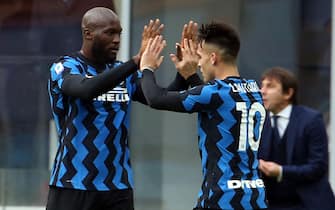 Inter Milan's Lautaro Martinez (R) celebrates with his teammate Romelo Lukaku after scoring goal of 1 to 1 during the Italian serie A soccer match  between Fc Inter and Crotone at Giuseppe Meazza stadium in Milan 3 January  2021.ANSA / MATTEO BAZZI