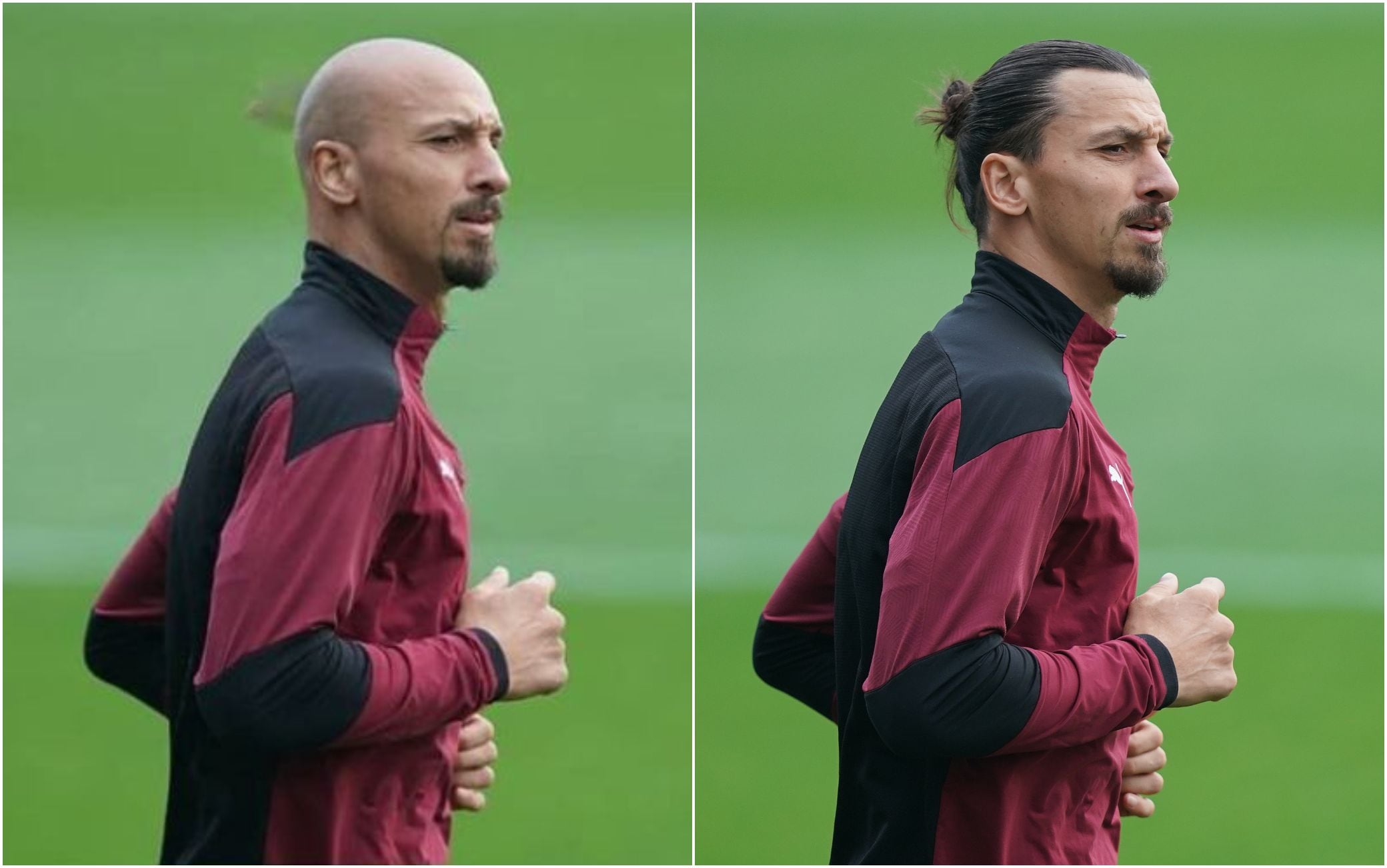 A sinistra la 'stories' postata sui social senza capelli, a destra la foto (LaPresse) di un allenamento a Milanello datato 19 ottobre 2020 Ibrahimovic, su Instagram e in allenamento