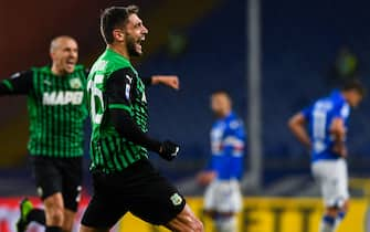 SassuoloÕs Italian forward Domenico Berardi (2nd from left) celebrates after scoring a goal during the Italian Serie A soccer match Uc Sampdoria vs Us Sassuolo at Luigi Ferraris stadium in Genoa, Italy, 23 December 2020
ANSA/SIMONE ARVEDA