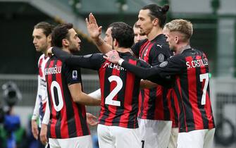 AC Milan’s Zlatan Ibrahimovic jubilates with his teammates after scoring the goal of 2 to 0 during the Italian serie A soccer match between AC Milan and Fc Crotone at Giuseppe Meazza stadium in Milan, 7 February  2021.
ANSA / MATTEO BAZZI