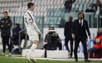 Alvaro Morata of Juventus celebrates in front of Head coach Andrea Pirlo after scoring to give the side a 1-0 leads during the Serie A match at Allianz Stadium, Turin. Picture date: 2nd March 2021. Picture credit should read: Jonathan Moscrop/Sportimage via PA Images