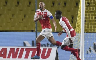ReimsÃ•Moroccan defender Yunis Abdelhamid  celebrates his goal during the Ligue 1 football match between Nantes(FC Nantes) and Reims (Stade de Reims) at the La Beaujoire  Stadium in Nantes, western France on March 03, 2021.//SALOM-GOMIS_r033/2103032349/Credit:Sebastien SALOM-GOMIS/SIPA/2103032351