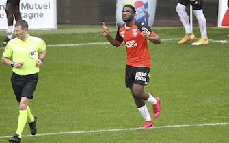 Terem Moffi of Lorient celebrates his winning goal at the last minute during the French championship Ligue 1 football match between FC Lorient and Paris Saint-Germain on January 31, 2021 at Stade du Moustoir - Yves Allainmat in Lorient, France - Photo Jean Catuffe / DPPI / LiveMedia