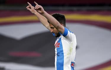 Napoli's Dries Mertens celebrates his goal during the Serie A soccer match between AS Roma and SSC Napoli at the Olimpico stadium in Rome, Italy, 21 March 2021. ANSA/RICCARDO ANTIMIANI