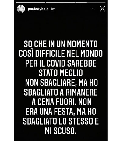 Le scuse di Dybala su Instagram