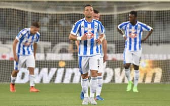 Pescara's forward Gianluca Caprari (C) jubilates after scoring his goal during the Italian Serie A soccer match Acf Fiorentina vs Pescara at Artemio Franchi stadium in Florence, Italy, 28 May 2017. ANSA/MAURIZIO DEGL'INNOCENTI