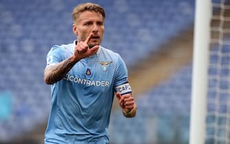 ROME, Italy - 18.04.2021:  Ciro Immobile (LAZIO) score the goal and celebrate during the Italian Serie A league 2021 soccer match  between SS LAZIO VS BENEVENTO  at Olympic stadium in Rome.