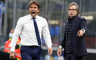 Inter Milan s coach Antonio Conte (L) and Lele Oriali react during the Italian serie A soccer match  Fc Inter and Fiorentina  at Giuseppe Meazza stadium in Milan 26 September  2020.
ANSA / MATTEO BAZZI
