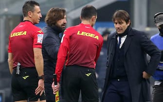 Juventus  head coach Andrea Pirlo (L) and Inter Milan s coach Antonio Conte attend  during the Italian serie A soccer match  between FC Inter and Juventus FC at Giuseppe Meazza stadium in Milan 17 January  2021.
ANSA / MATTEO BAZZI