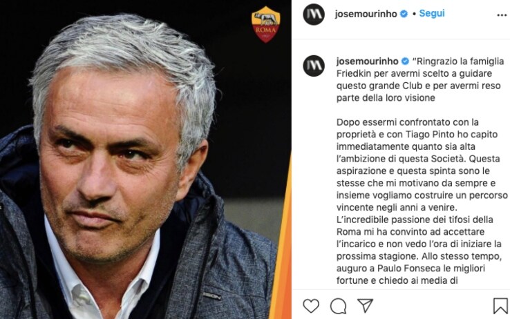 Roma, Mourinho su Instagram: 'Mi ha convinto l'ambizione dei Friedkin