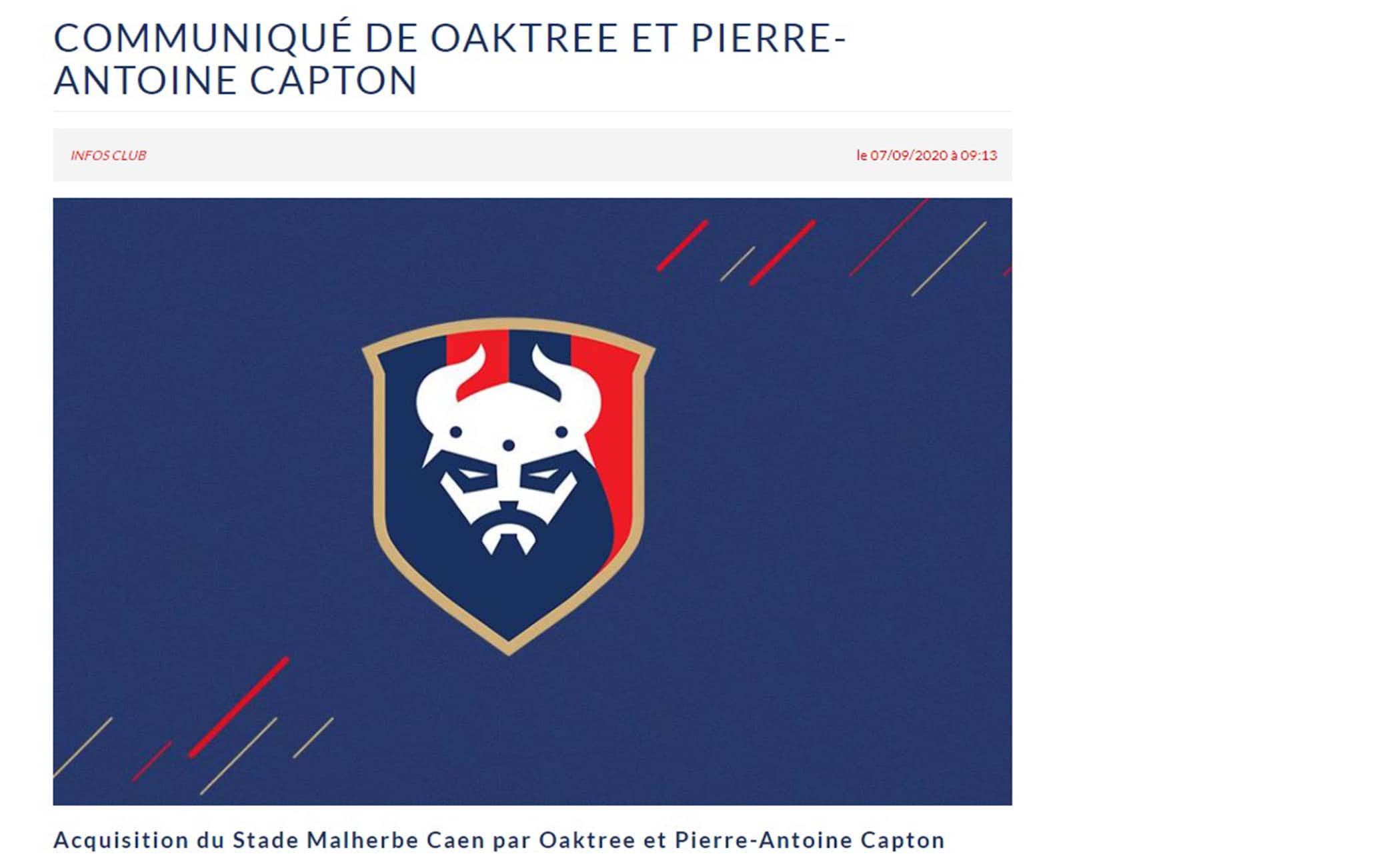 L'annuncio dell'acquisizione del Caen da parte di Oaktree lo scorso 7 settembre