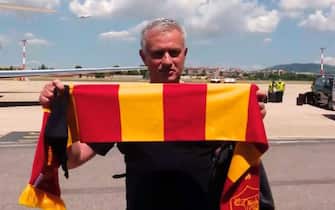 Mourinho al suo arrivo a Roma in un fermo immagine tratto dalla diretta video della As Roma, 2 luglio 2021. ++HO - NO SALES EDITORIAL USE ONLY - NO ARCHIVE++