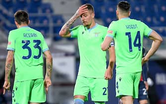 Disappointment, frustration of Sergej Milinkovic-Savic (Lazio) and teammates for the defeat during Bologna FC vs SS Lazio, Italian football Serie A match in Bologna, Italy, February 27 2021