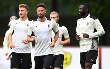 CAIRATE, ITALY - JULY 27: Olivier Giroud looks on during an AC Milan Training Session at Milanello on July 27, 2021 in Cairate, Italy. (Photo by Claudio  Villa/AC Milan via Getty Images)