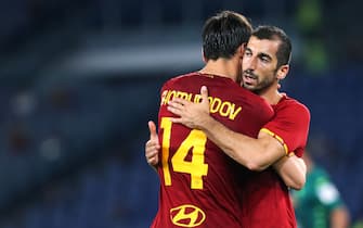 Henrikh Mkhitaryan of Roma (R) celebrates with Eldor Shomurodov (L) after scoring 3-0 goal during the Pre-Season Friendly football match between AS Roma and Raja Casablanca on August 14, 2021 at Stadio Olimpico in Rome, Italy - Photo Federico Proietti / DPPI