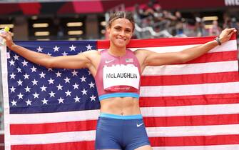 epa09392983 Winner Sydney McLaughlin of the US celebrates after winning the Women's 400m Hurdles during the Athletics events of the Tokyo 2020 Olympic Games at the Olympic Stadium in Tokyo, Japan, 04 August 2021.  EPA/DIEGO AZUBEL