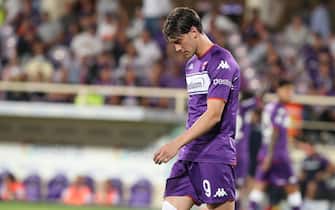 Fiorentina's forward Dusan Vlahovic  during the Italian Serie A soccer match between ACF Fiorentina Vs SSC Napoli at Artemio Franchi Stadium in Florence, Italy, 3 October 2021.