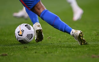 LONDON, ENGLAND - MARCH 25: A detailed view of the boots of Raheem Sterling of England dribbling the ball during the FIFA World Cup 2022 Qatar qualifying match between England and San Marino on March 25, 2021 in London, England. Sporting stadiums around the UK remain under strict restrictions due to the Coronavirus Pandemic as Government social distancing laws prohibit fans inside venues resulting in games being played behind closed doors.  (Photo by Laurence Griffiths - The FA/The FA via Getty Images)