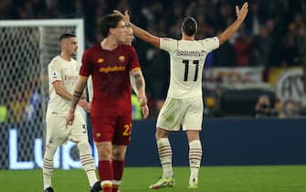 ROME, Italy - 31.10.2021: IBRAHIMOVIC (MIL) score the goal and celebrates during the Italian Serie A football match between AS ROMA VS AC MILAN  at Olympic stadium in Rome.