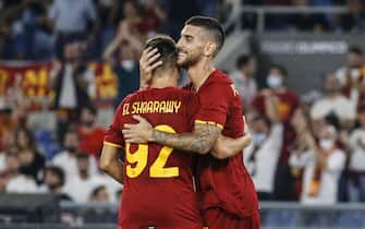 Roma’s Lorenzo Pellegrini (R) celebrates with teammate Stephan El Shaarawy after scoring during the Conference League Group C soccer match AS Roma vs CSKA Sofia at the Olimpico stadium in Rome, Italy, 16 September 2021. ANSA/FABIO FRUSTACI