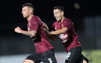 PONTEDERA, ITALY - AUGUST 29: Simone Magnaghi of US Citta' di Pontedera celebrates after scoring a goal during the LEGA PRO match between US Citta' di Pontedera and Carrarese Calcio 1908 on August 29, 2021 in Pontedera, Italy.  (Photo by Gabriele Maltinti/Getty Images)
