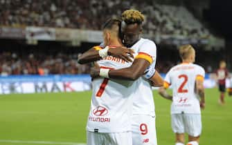 Roma’s Lorenzo Pellegrini (L) and Tammy Abraham (R) celebrate for the victory at the end of the Italian Serie A soccer match US Salernitana vs AS Roma at the Arechi stadium in Salerno, Italy, 29 August 2021. ANSA/MASSIMO PICA 