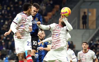 Inter Milan’s Lautaro Martinez (C) scores goal of 1 to 0 during the Italian serie A soccer match between FC Inter  and Cagliari at Giuseppe Meazza stadium in Milan, 12 December 2021.ANSA / MATTEO BAZZI