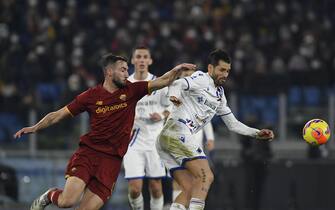 Bryan Cristante of A.S. Roma and Antonio Candreva of U.C. Sampdoria during the 19th day of the Serie A Championship between A.S. Roma vs U.C. Sampdoria on 22 December 2021 at the Stadio Olimpico in Rome, Italy. (Photo by Domenico Cippitelli/Pacific Press/Sipa USA)