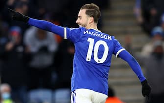 Leicester, England, 28th November 2021.  James Maddison of Leicester City celebrates scoring their first goal during the Premier League match at the King Power Stadium, Leicester. Picture credit should read: Darren Staples / Sportimage via PA Images