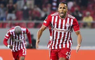 Olympiacos' Youssef El Arabi celebrates after scoring during a soccer game between Greek Olympiacos F.C. and Belgian Royal Antwerp FC, Thursday 16 September 2021 in Piraeus, Athens, Greece, on the first day (out of six) in the Group D of the UEFA Europa League group stage. BELGA PHOTO LAURIE DIEFFEMBACQ (Photo by LAURIE DIEFFEMBACQ/Belga/Sipa USA)