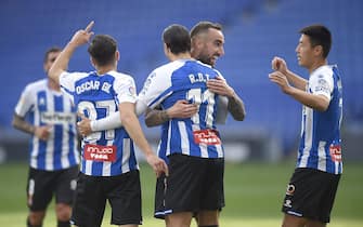 Raul de Tomas of RCD Espanyol celebrates after scoring the 4-0 with his teammates Sergi Darder, Oscar Gil and Wu Lei during the La Liga Smartbank match between RCD Espanyol and CF Fuenlabrada played at RCDE Stadium on April 1, 2021 in Barcelona, Spain. (Photo by Bagu Blanco / PRESSINPHOTO)