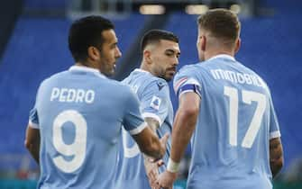 Lazio’s Mattia Zaccagni (C) celebrates with teammates Lazio's Pedro and Lazio’s Ciro Immobile after scoringduring the Italian Serie A soccer match between Lazio and Bologna at the Olimpico stadium in Rome, Italy, 12 February 2022.
ANSA/FABIO FRUSTACI