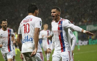 Houssem AOUAR of Lyon and Lucas PAQUETA of Lyon celebrate the goal during the French championship Ligue 1 football match between AS Saint-Etienne and Olympique Lyonnais on October 3, 2021 at Geoffroy Guichard stadium in Saint-Etienne, France - Photo: Romain Biard/DPPI/LiveMedia