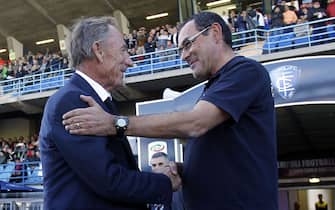 EMPOLI, ITALY - OCTOBER 25: Zdenek Zeman manager of Cagliari Calcio and Maurizio Sarri manager of Empoli Fc (L) during the Serie A match between Empoli FC and Cagliari Calcio  at Stadio Carlo Castellani on October 25, 2014 in Empoli, Italy.  (Photo by Gabriele Maltinti/Getty Images)