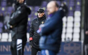 Oostende's head coach Alexander Blessin pictured during a soccer match between Beerschot VA and KV Oostende, Saturday 18 December 2021 in Antwerp, on day 20 of the 2021-2022 'Jupiler Pro League' first division of the Belgian championship. BELGA PHOTO TOM GOYVAERTS (Photo by TOM GOYVAERTS/BELGA MAG/AFP via Getty Images)