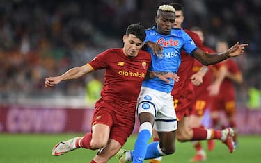 Victor Osimhen of SSC Napoli and Roger Ibanez of AS Roma compete for the ball during the Serie A match between Roma and Napoli at Stadio Olimpico, Rome, Italy on 24 October 2021. Photo by Giuseppe Maffia.