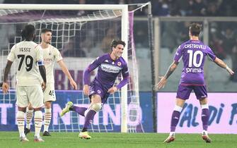Dusan Vlahovic (Fiorentina) celebrates after scoring a goal  during  ACF Fiorentina vs AC Milan, italian soccer Serie A match in Florence, Italy, November 20 2021