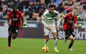 Gianluca Scamacca of US Sassuolo in action during the Serie A 2021/22 football match between AC Milan and US Sassuolo at Giuseppe Meazza Stadium, Milan, Italy on November 28, 2021