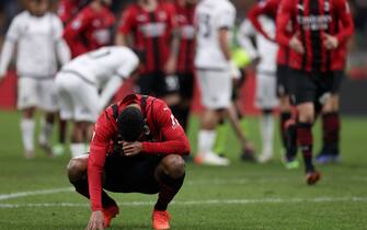 Junior Messias (AC Milan) reacts after the referee Marco Serra drew back play for a free kick disallowing his goal  during  AC Milan vs Spezia Calcio, italian soccer Serie A match in Milan, Italy, January 17 2022