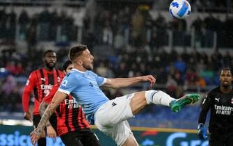 ROME, ITALY - APRIL 24: Sergej Milinkovic Savic of SS Lazio kicks the ball during the Serie A match between SS Lazio and AC Milan at Stadio Olimpico on April 24, 2022 in Rome, Italy. (Photo by Marco Rosi - SS Lazio/Getty Images)