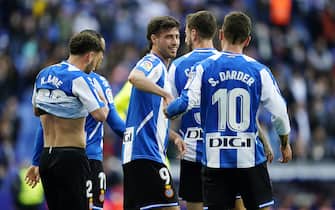 Sergi Darder of RCD Espanyol celebrates his goal with his teammates during the La Liga match between RCD Espanyol v Getafe CF played at RCDE Stadium on Mar 05, 2022 in Barcelona, Spain. (Photo by PRESSINPHOTO)