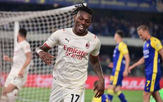 AC Milan's Portuguese forward Rafael Leao celebrates after AC Milan scored its second goal during the Italian Serie A football match between Hellas Verona and AC Milan on May 8, 2022 at the Marcantonio-Bentegodi stadium in Verona. (Photo by MIGUEL MEDINA / AFP) (Photo by MIGUEL MEDINA/AFP via Getty Images)